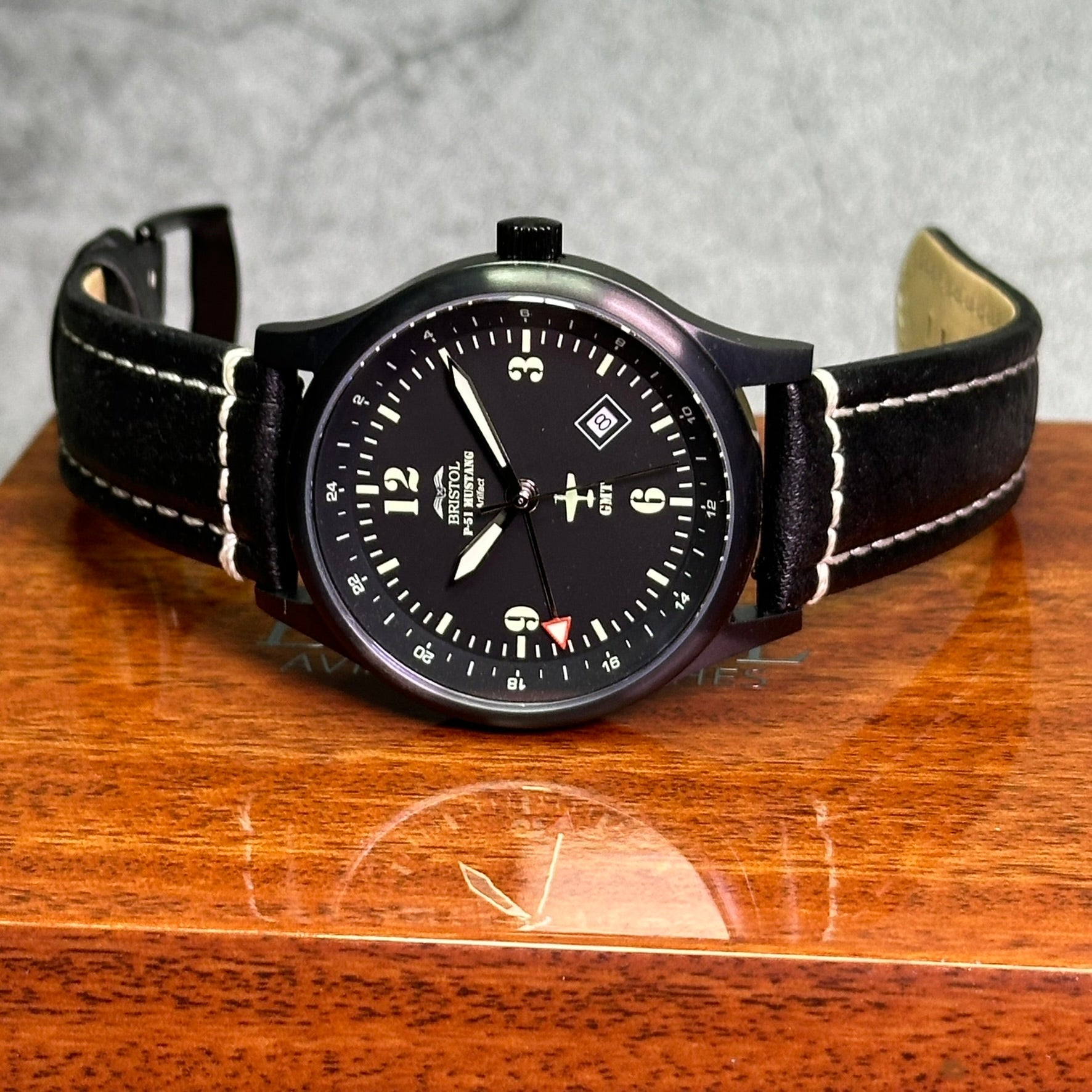 Bristol Aviator Watches P - 51 Mustang Tribute - Stainless Steel, Black Finish, Black Leather Band - Angler's Pro Tackle & Outdoors