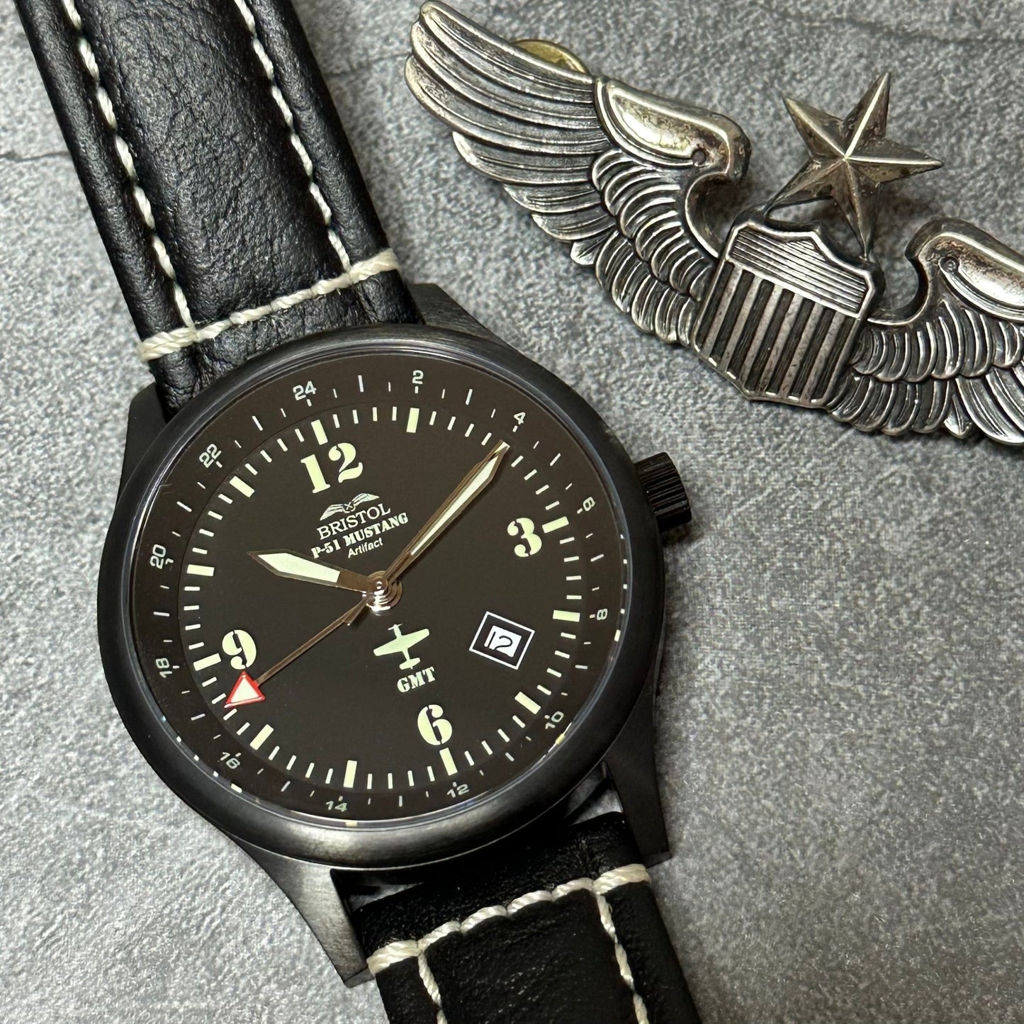 Bristol Aviator Watches P - 51 Mustang Tribute - Stainless Steel, Black Finish, Black Leather Band - Angler's Pro Tackle & Outdoors