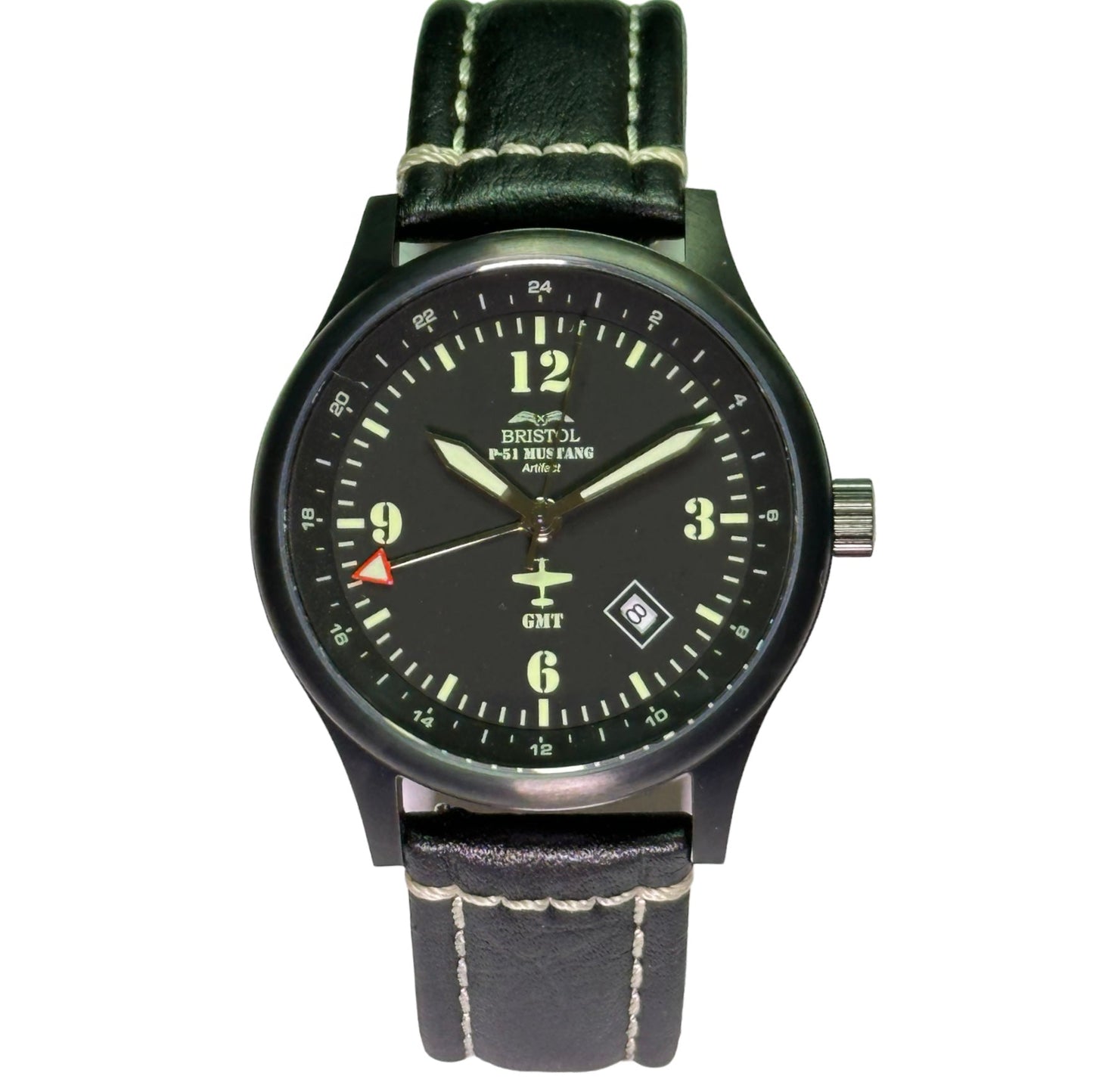 Bristol Aviator Watches P - 51 Mustang Tribute - Stainless Steel, Black Finish, Black Leather Band - Angler's Pro Tackle & Outdoors