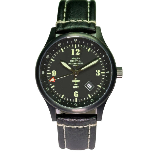 Bristol Aviator Watches P - 51 Mustang Tribute - Stainless Steel, Black Finish, Black Leather Band - Angler's Pro Tackle & Outdoors
