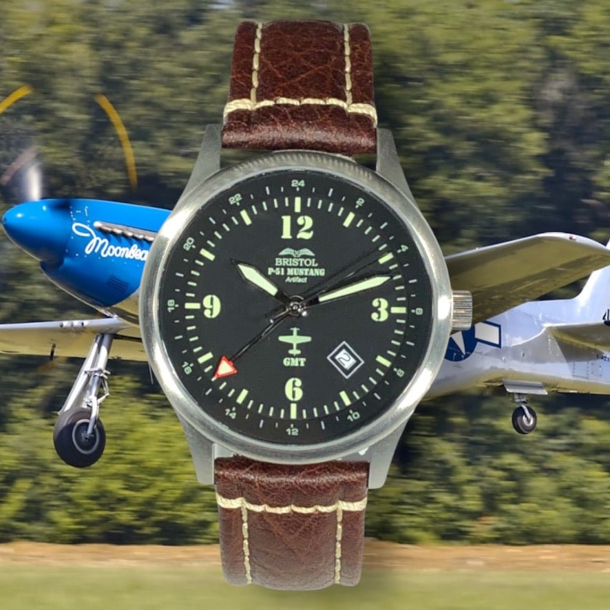 Bristol Aviator Watches P - 51 Mustang Tribute - Stainless Steel, Brush Finish, Brown Leather Band - Angler's Pro Tackle & Outdoors