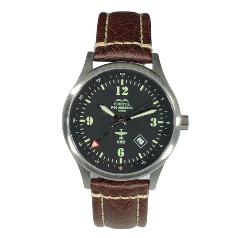 Bristol Aviator Watches P - 51 Mustang Tribute - Stainless Steel, Brush Finish, Brown Leather Band - Angler's Pro Tackle & Outdoors