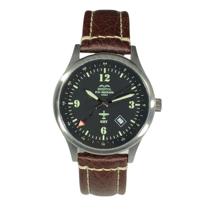 Bristol Aviator Watches P - 51 Mustang Tribute - Stainless Steel, Brush Finish, Brown Leather Band - Angler's Pro Tackle & Outdoors