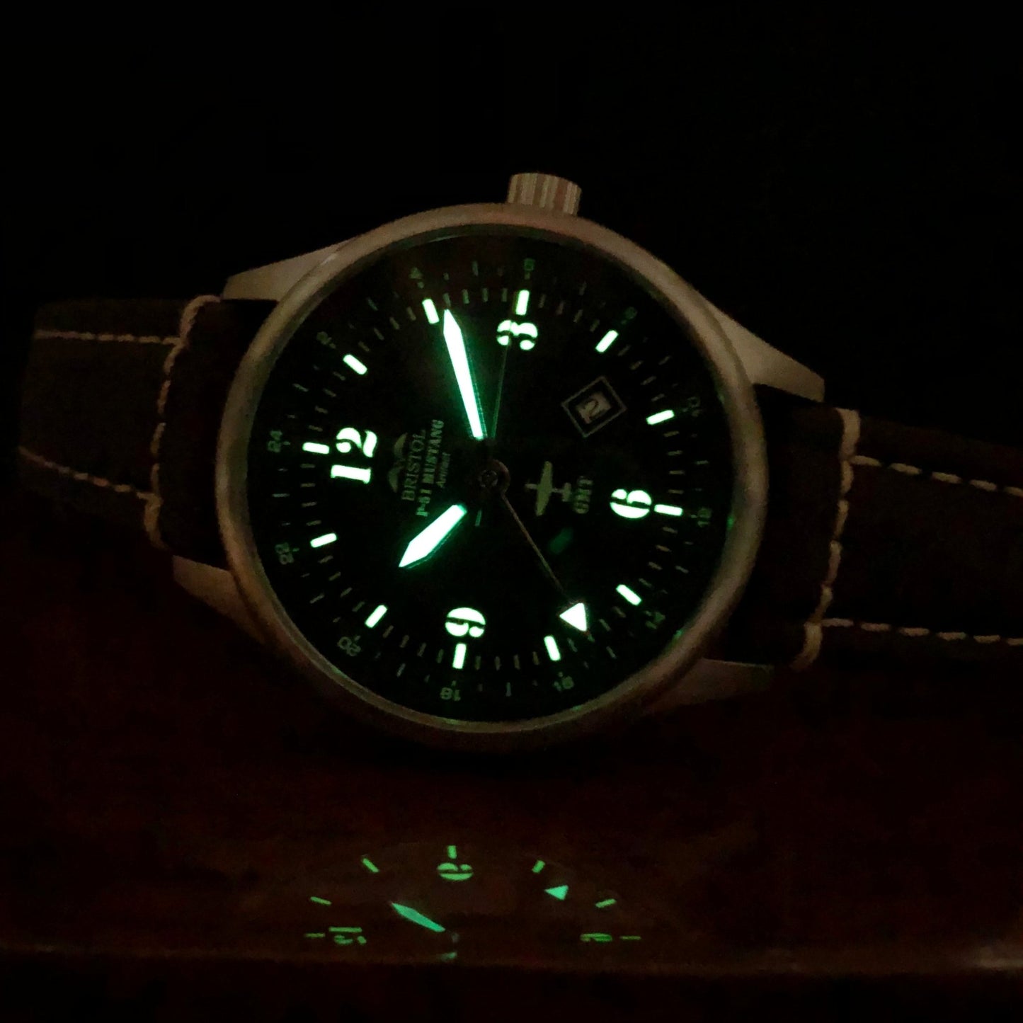 Bristol Aviator Watches P - 51 Mustang Tribute - Stainless Steel, Brush Finish, Brown Leather Band - Angler's Pro Tackle & Outdoors