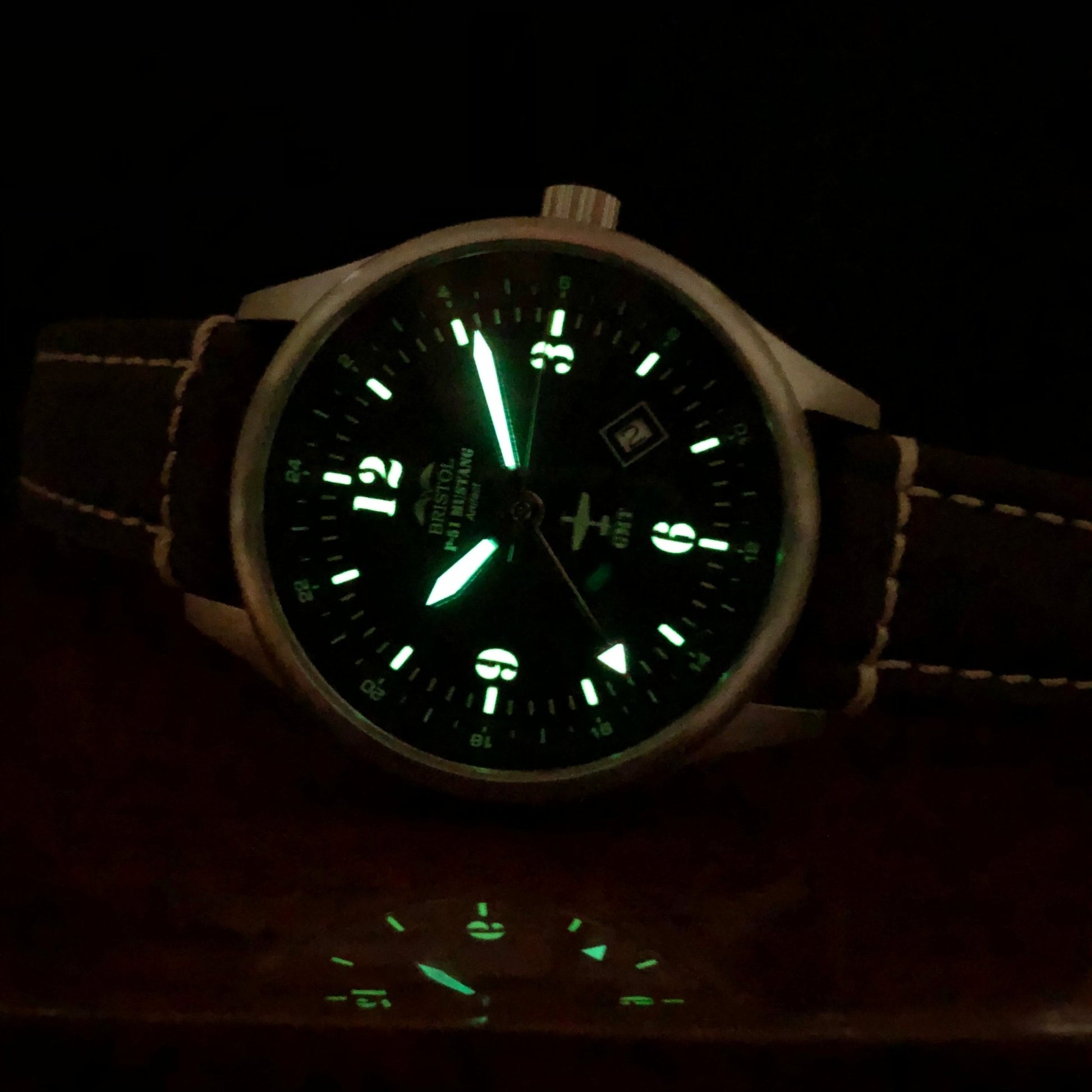 Bristol Aviator Watches P - 51 Mustang Tribute - Stainless Steel, Brush Finish, Brown Leather Band - Angler's Pro Tackle & Outdoors