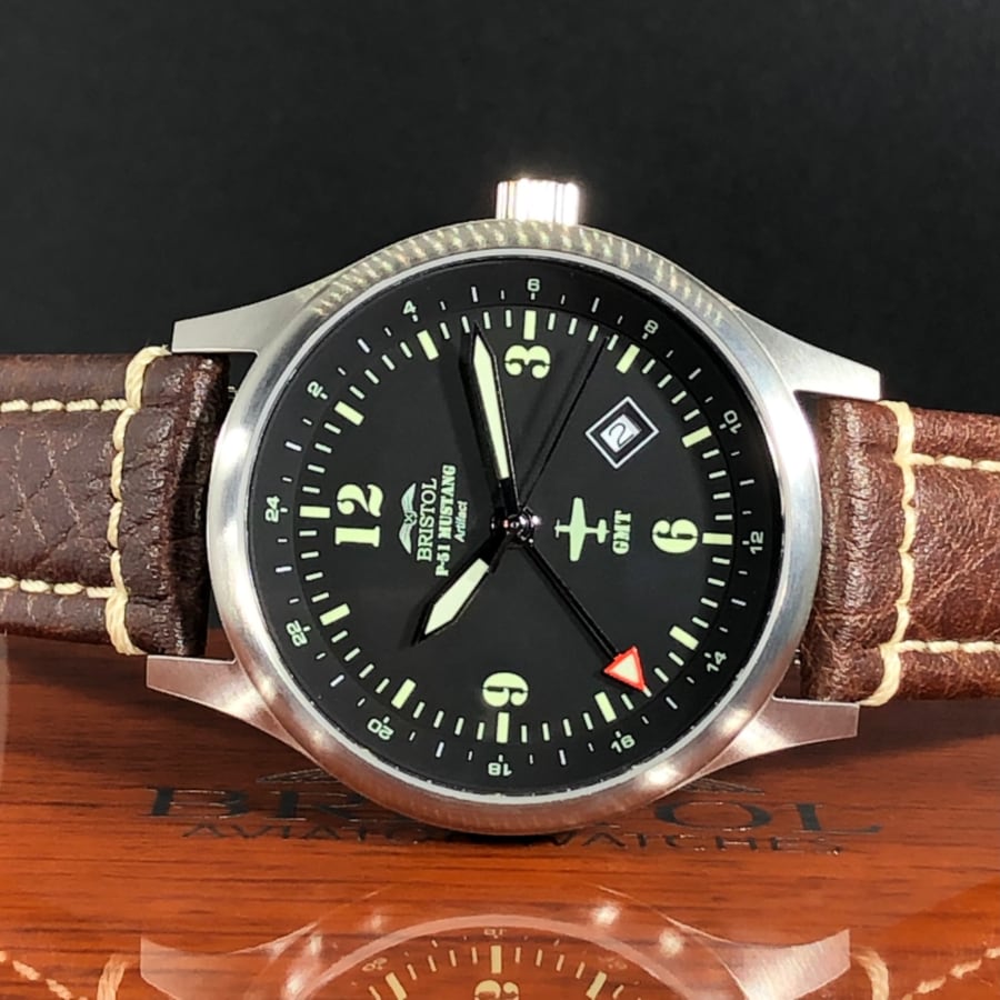 Bristol Aviator Watches P - 51 Mustang Tribute - Stainless Steel, Brush Finish, Brown Leather Band - Angler's Pro Tackle & Outdoors