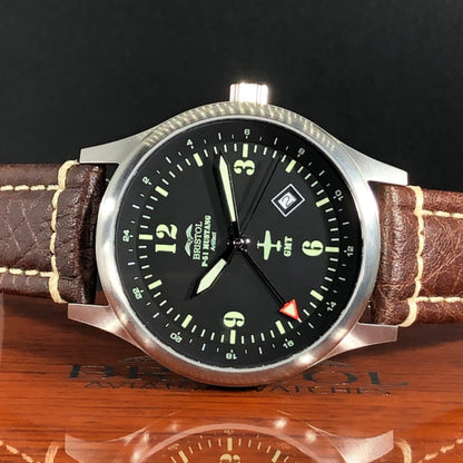 Bristol Aviator Watches P - 51 Mustang Tribute - Stainless Steel, Brush Finish, Brown Leather Band - Angler's Pro Tackle & Outdoors