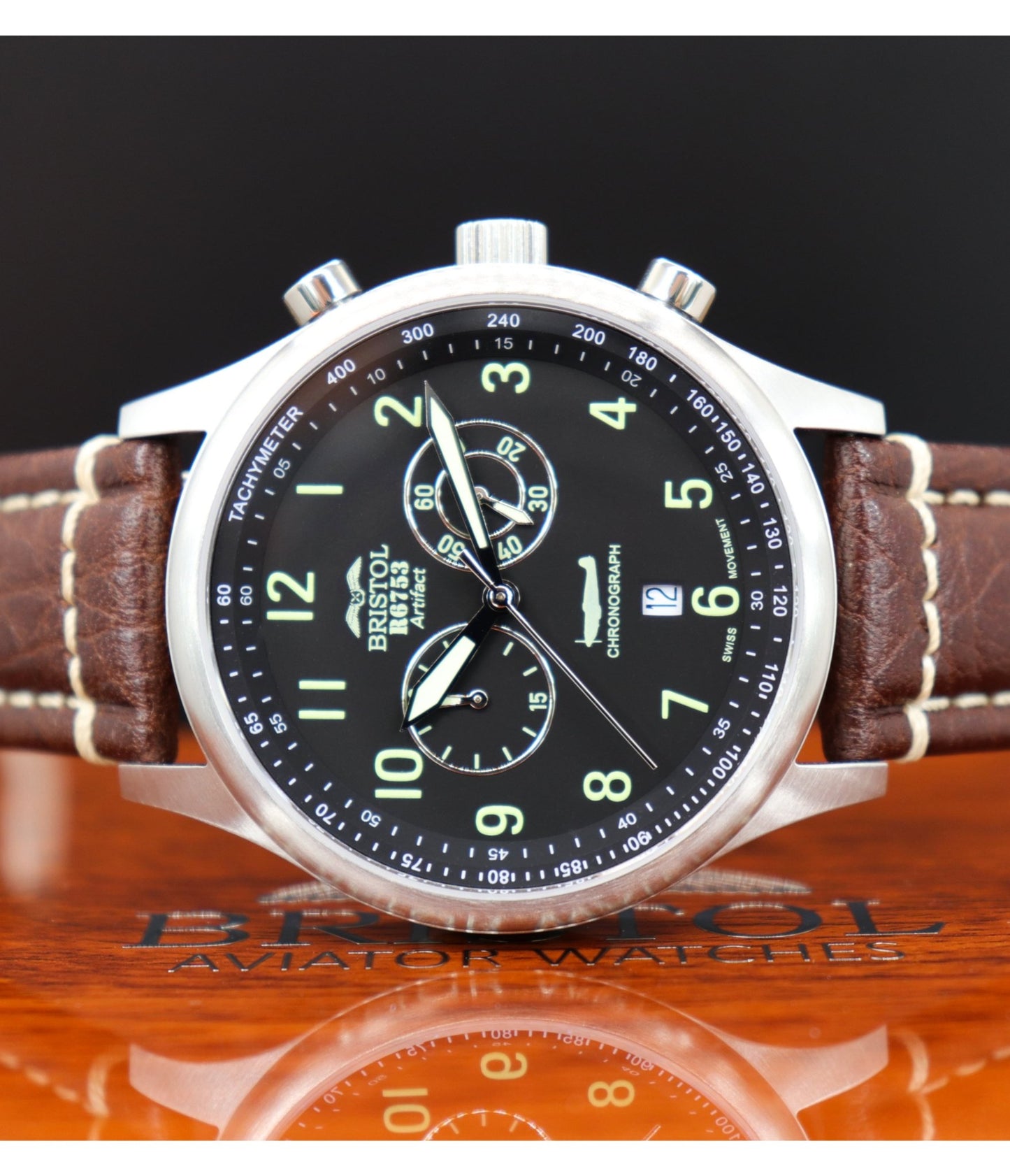 Bristol Aviator Watches R6753 - Our Spitfire R6753 Tribute - Stainless Steel, Brush Finish, Brown Leather Band - Angler's Pro Tackle & Outdoors