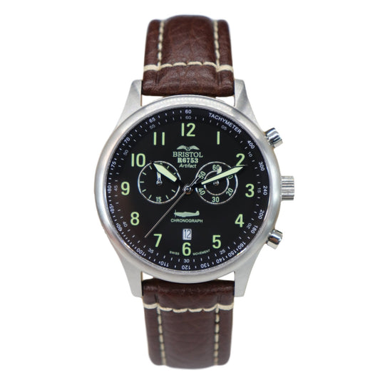 Bristol Aviator Watches R6753 - Our Spitfire R6753 Tribute - Stainless Steel, Brush Finish, Brown Leather Band - Angler's Pro Tackle & Outdoors