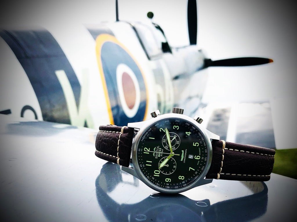Bristol Aviator Watches R6753 - Our Spitfire R6753 Tribute - Stainless Steel, Brush Finish, Brown Leather Band - Angler's Pro Tackle & Outdoors