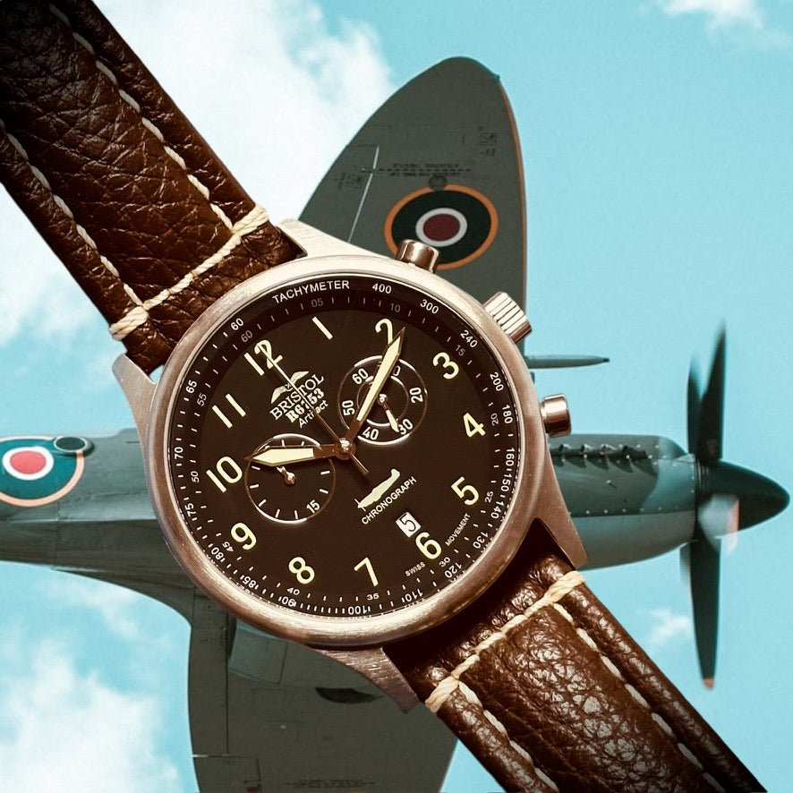 Bristol Aviator Watches R6753 - Our Spitfire R6753 Tribute - Stainless Steel, Brush Finish, Brown Leather Band - Angler's Pro Tackle & Outdoors