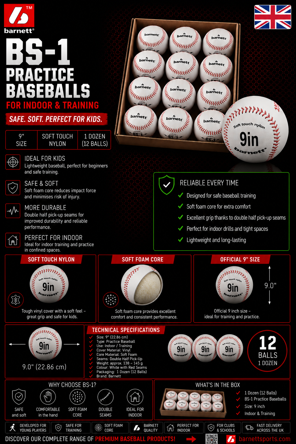 Barnett BS-1 Practice baseballs, Size 9", White, 1 dozen