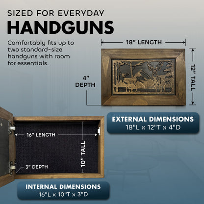 Bellewood Designs - Buck and Doe in The Woods Gun Concealment Furniture - Handcrafted Hidden Gun Storage Wall Decor - Hidden Gun Shelf with Magnetic Lock for Quick Access