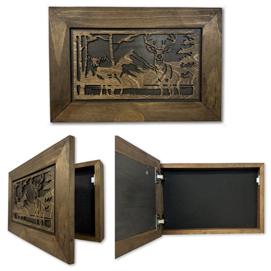 Bellewood Designs - Buck and Doe in The Woods Gun Concealment Furniture - Handcrafted Hidden Gun Storage Wall Decor - Hidden Gun Shelf with Magnetic Lock for Quick Access