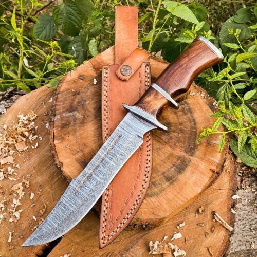 KBS Knives 14-Inch Twist Damascus Steel Hunting Bowie Knife | Handcrafted with Rosewood Handle & Leather Sheath | KBS Knives