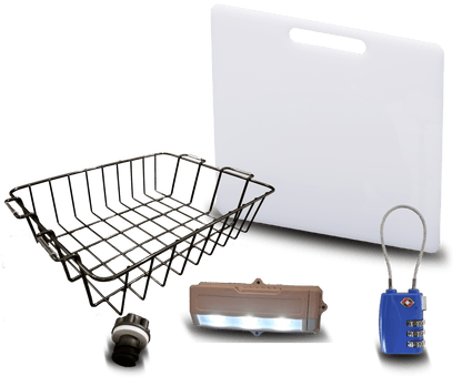 Caddis Sports Accessory Kit - Divider/Cutting Board, Basket, Lock, Light, & Plug for Coolers - Angler's Pro Tackle & Outdoors