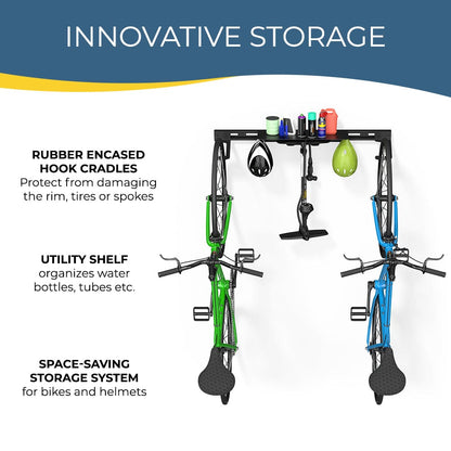 Koova - Wall Mounted Bike Rack for 2 Bikes with Storage Shelf