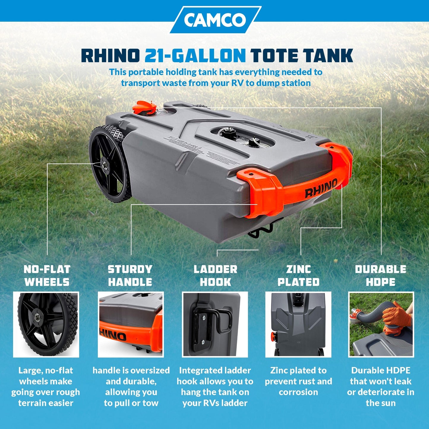 Camco 39002 Rhino Portable 21 Gallon RV Waste Tank Holding Hose and Accessories - Angler's Pro Tackle & Outdoors