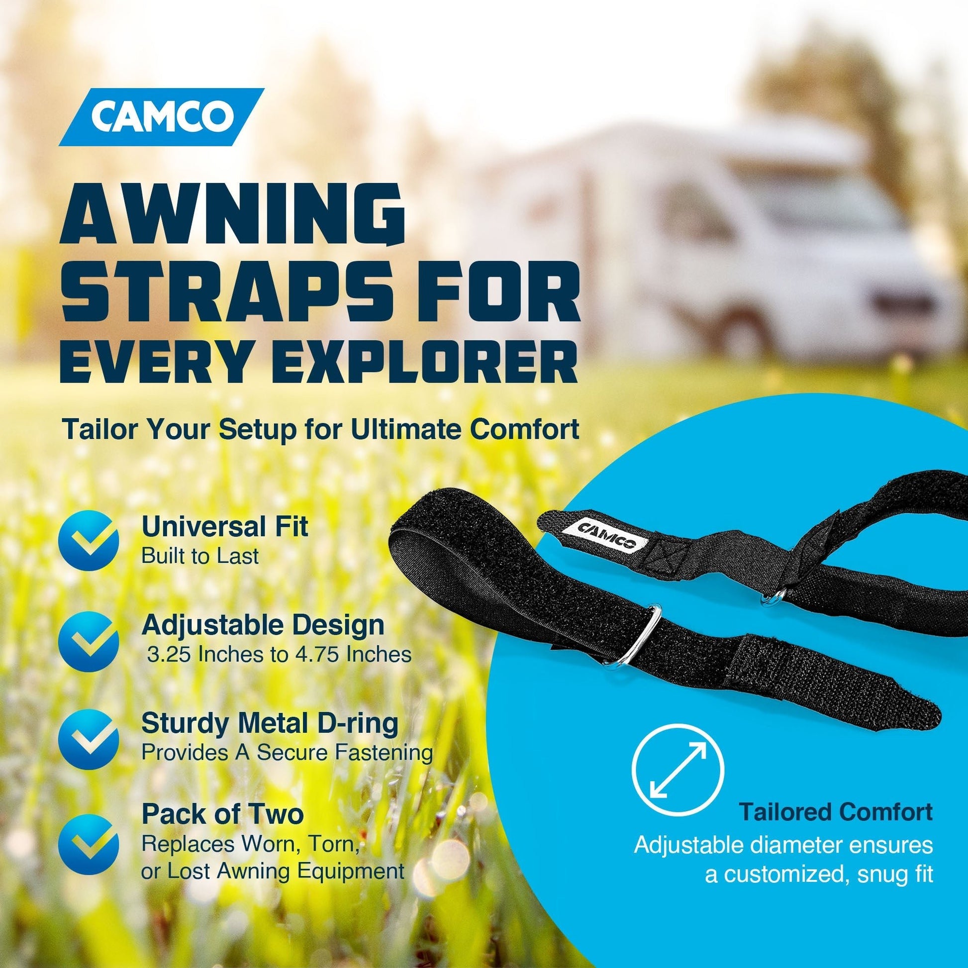 Camco 42503 Universal Fit 12 Inch Replacement Awning Strap Set with Metal D - Ring - Angler's Pro Tackle & Outdoors