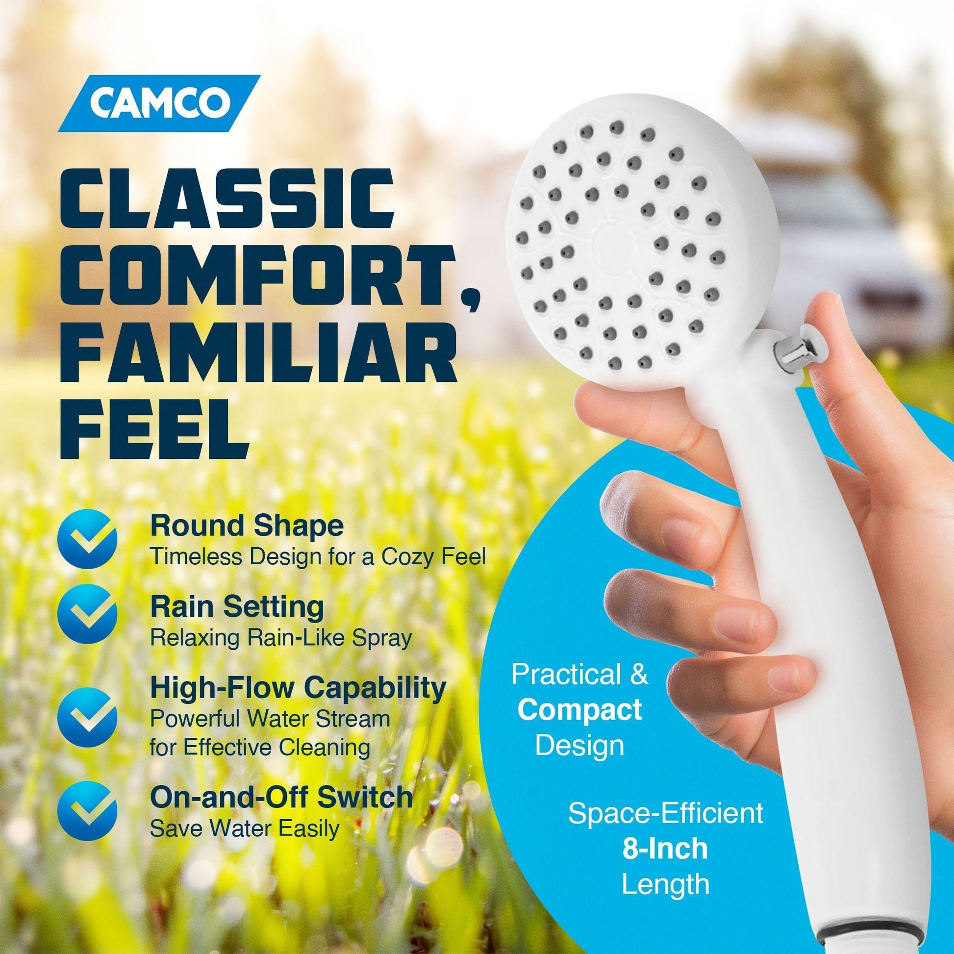 Camco 44023 Round Shower Head with On and Off Switch for RVs and Boats, White - Angler's Pro Tackle & Outdoors