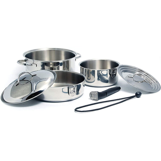 Camco 7 Piece Stainless Steel Cookware Nesting Pot Set w/Handle & Storage Strap - Angler's Pro Tackle & Outdoors