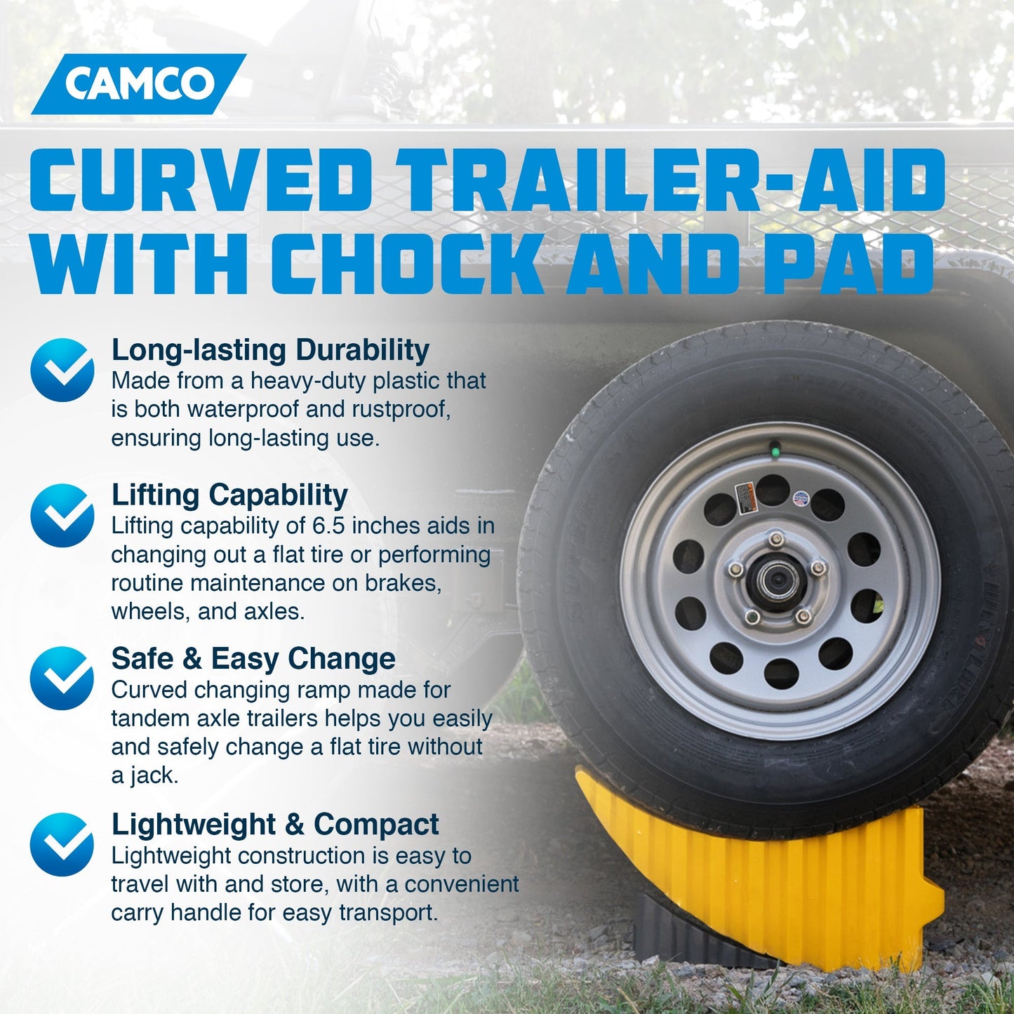 Camco Curved Trailer Aid with Chock & Pad, 6.5" Lift for Tandem Trailer, Yellow - Angler's Pro Tackle & Outdoors