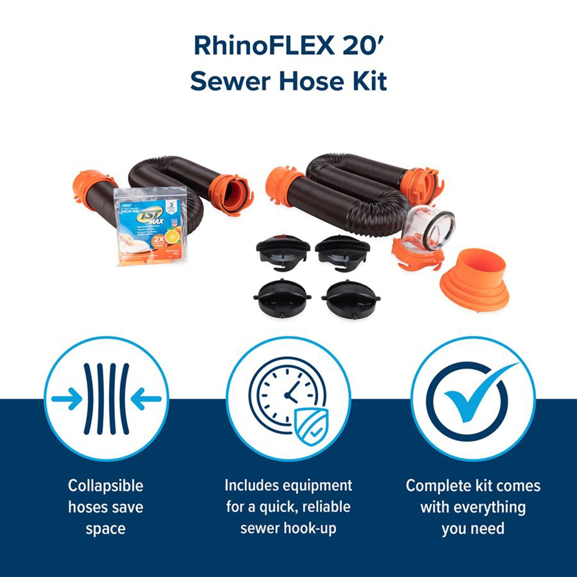 Camco RhinoFLEX 20’ RV Sewer Hose Kit w/ Removable 4 in 1 Adapter, Black/Orange - Angler's Pro Tackle & Outdoors