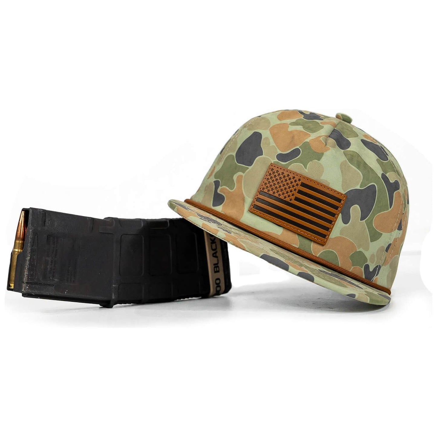 Combat Iron Apparel American Flag Leather Patch Crushable Rope Snapback Hat