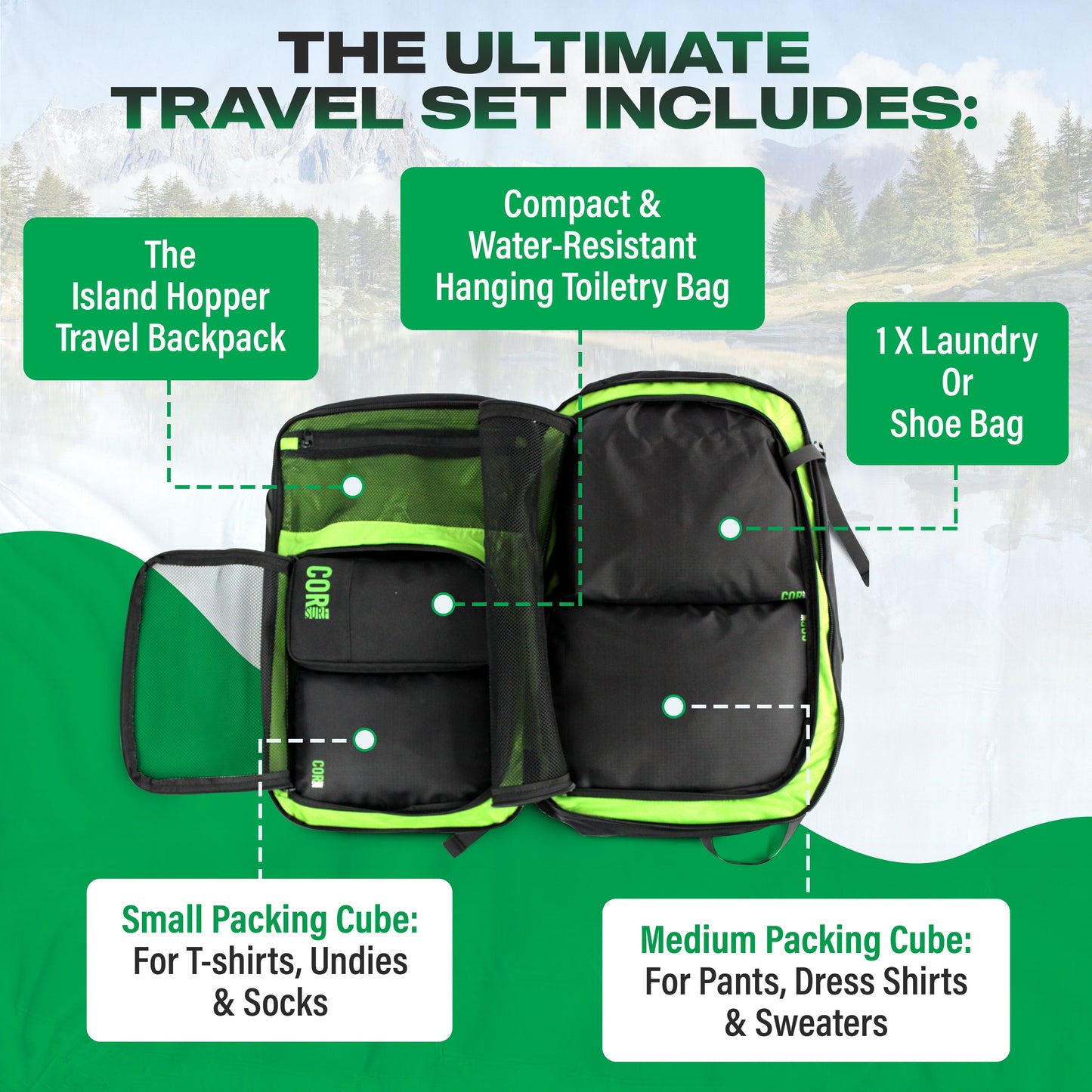 COR Surf Island Hopper Travel Bundle - Backpack + Toiletry Bag + Compression Packing Cubes with YKK