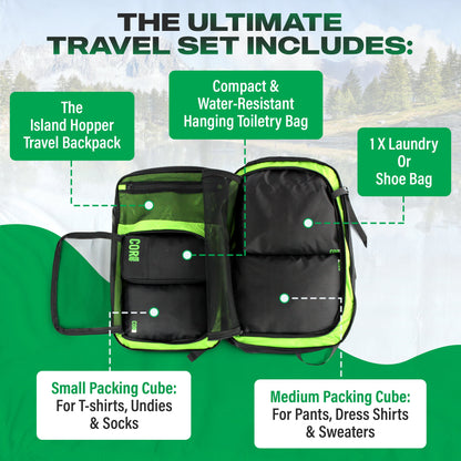 COR Surf Island Hopper Travel Bundle - Backpack + Toiletry Bag + Compression Packing Cubes with YKK