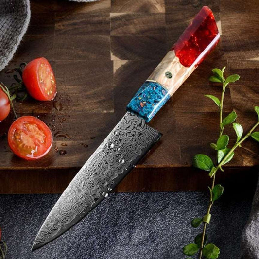 Shokunin USA Cascade Damascus Chef Knife with Exotic Olive Wood & Resin Handle