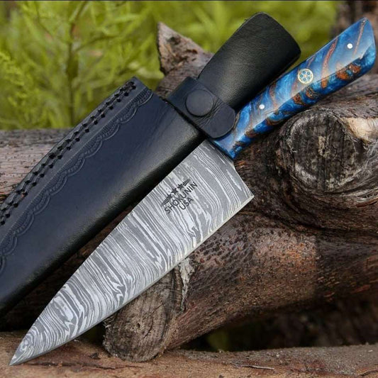 Shokunin USA Cinder Damascus Chef Knife with Pine Cone Handle