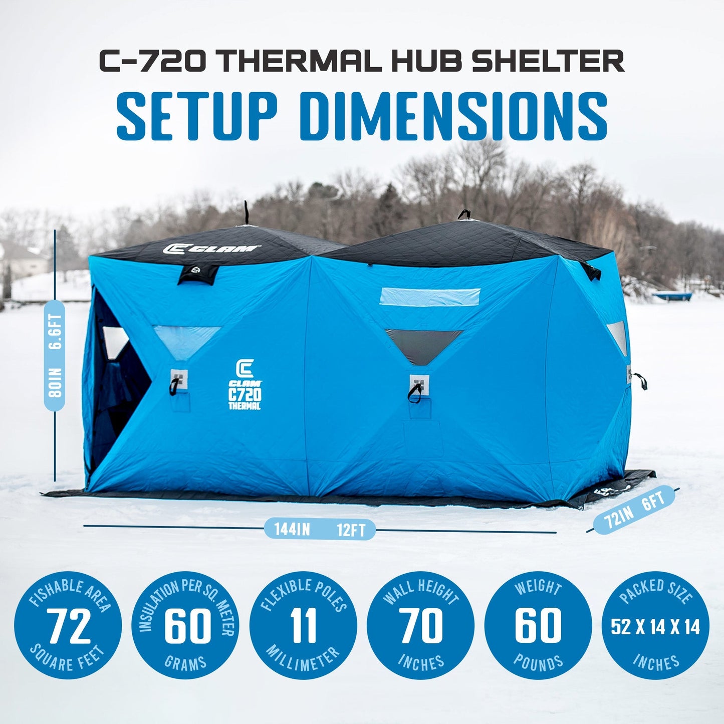 CLAM Portable 6 x 12 Ft C - 720 Pop Up Ice Fishing Thermal Hub Shelter Tent - Angler's Pro Tackle & Outdoors