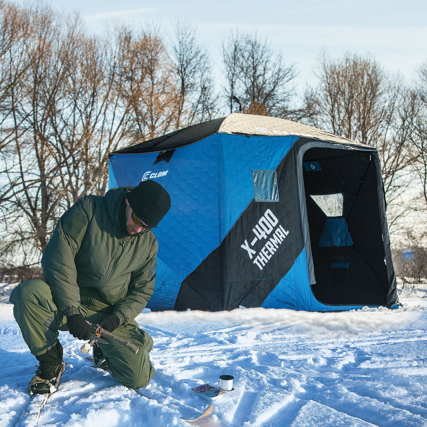 CLAM X - 400 Portable 8 Ft 4 Person Pop Up Ice Fishing Thermal Hub Shelter Tent - Angler's Pro Tackle & Outdoors