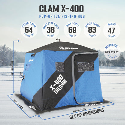 CLAM X - 400 Portable 8 Ft 4 Person Pop Up Ice Fishing Thermal Hub Shelter Tent - Angler's Pro Tackle & Outdoors