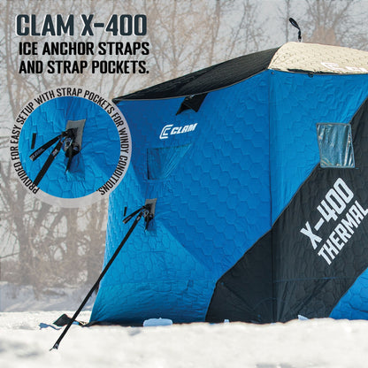 CLAM X - 400 Portable 8 Ft 4 Person Pop Up Ice Fishing Thermal Hub Shelter Tent - Angler's Pro Tackle & Outdoors