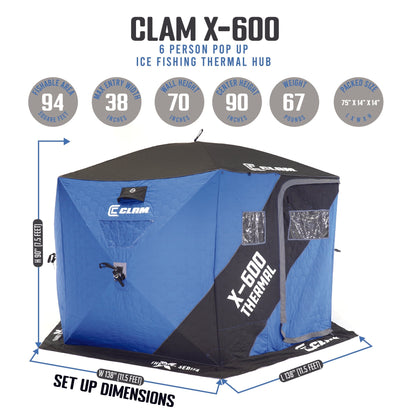 CLAM X - 600 Portable 11.5 Ft 6 Person Pop Up Ice Fishing Thermal Hub Shelter Tent - Angler's Pro Tackle & Outdoors