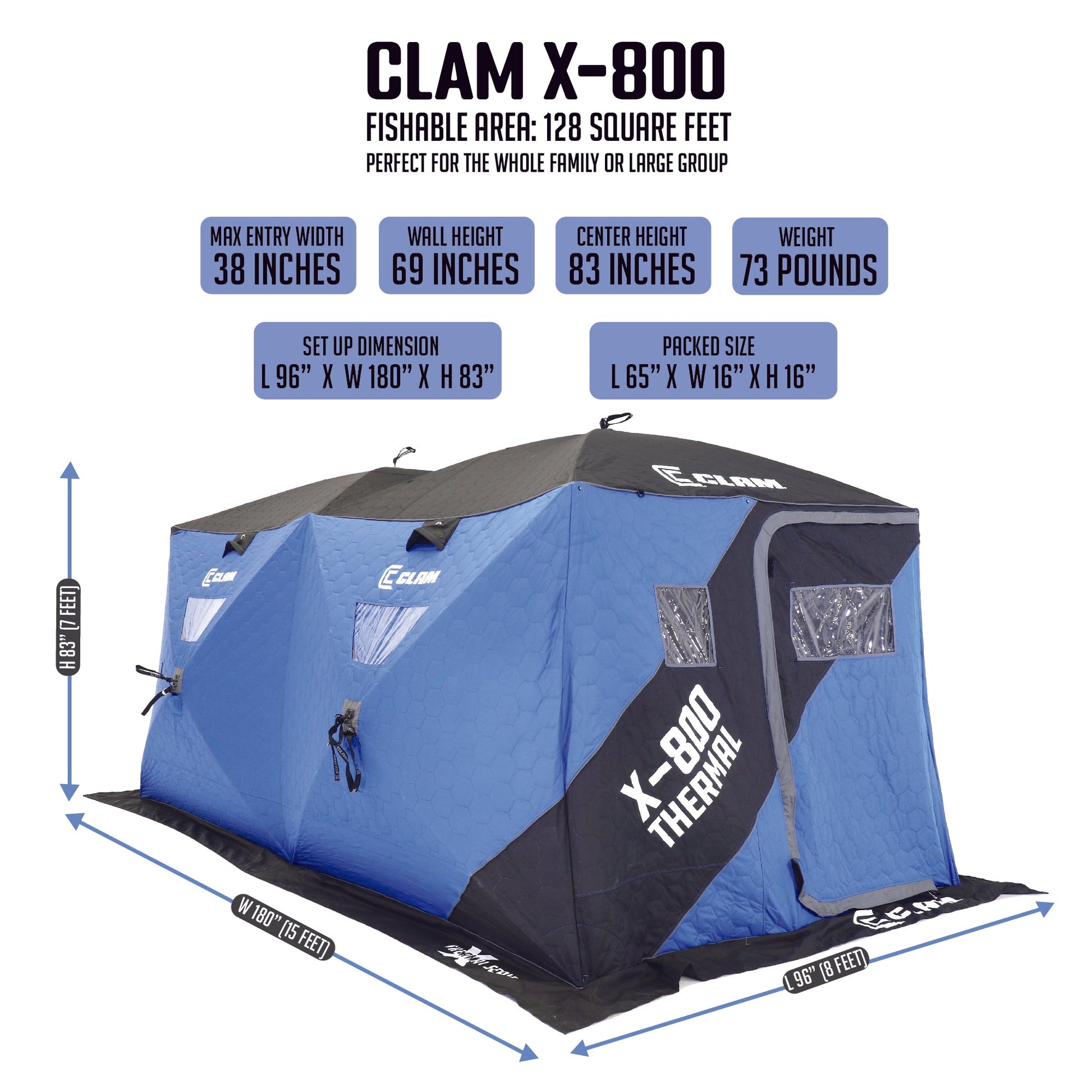 CLAM X - 800 Portable 15'x8' 7 Person Pop Up Ice Fishing Thermal Hub Shelter Tent - Angler's Pro Tackle & Outdoors