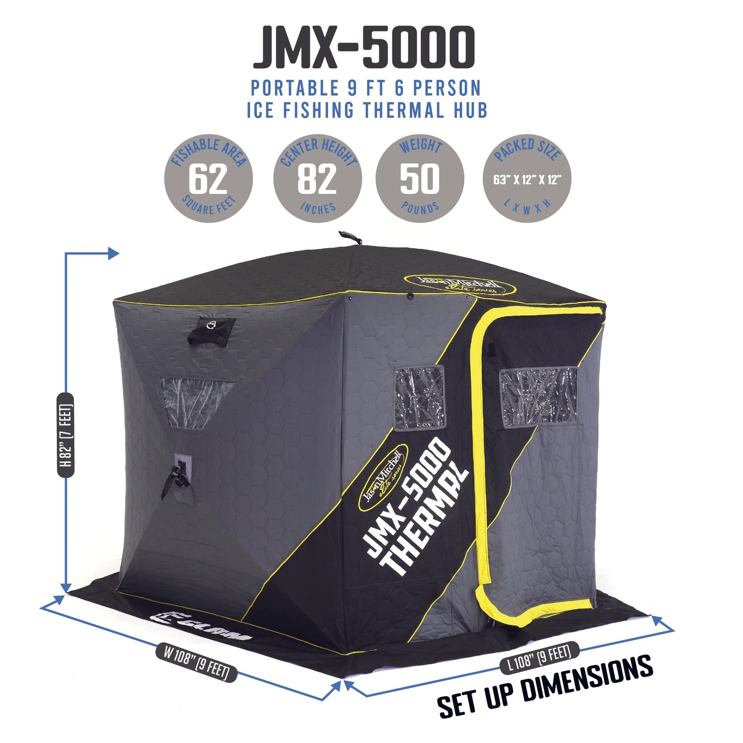 CLAM Jason Mitchell X5000 Portable 9 Ft 6 Person Ice Fishing Thermal Hub Shelter