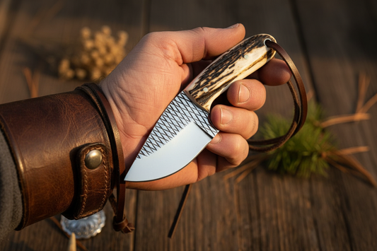 Frontier Cowboy Gear Cowboy Belt Knife – Rasp Tool Steel Blade & Antler Horn Handle with Leather Sheath | 5.2"