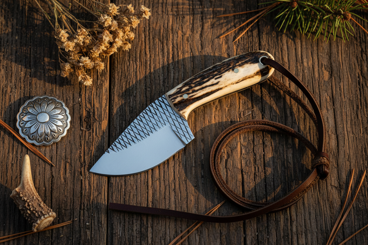 Frontier Cowboy Gear Cowboy Belt Knife – Rasp Tool Steel Blade & Antler Horn Handle with Leather Sheath | 5.2"