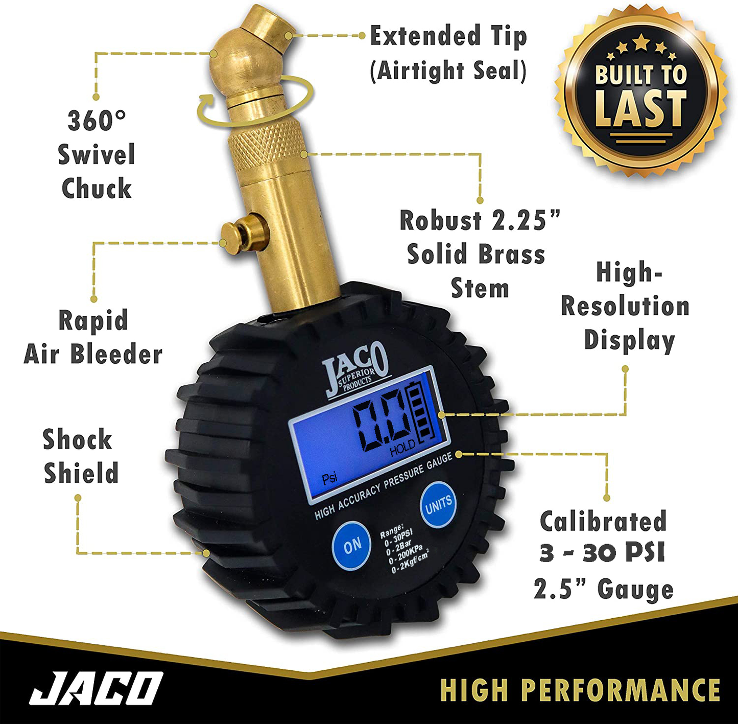 Jaco Elite® Digital Low Pressure Tire Gauge - Professional Accuracy - 30 PSI