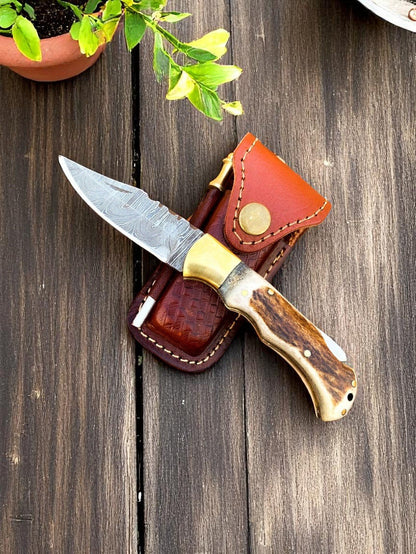 cowboy Pocket Knife | Antler Horn Handle with damascus blade - Angler's Pro Tackle & Outdoors