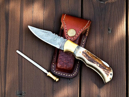 cowboy Pocket Knife | Antler Horn Handle with damascus blade - Angler's Pro Tackle & Outdoors