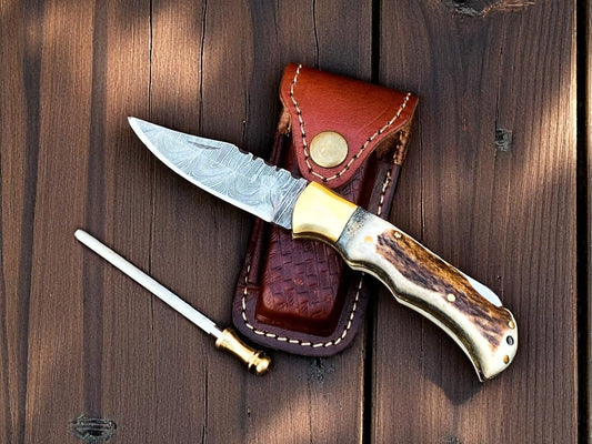 cowboy Pocket Knife | Antler Horn Handle with damascus blade - Angler's Pro Tackle & Outdoors