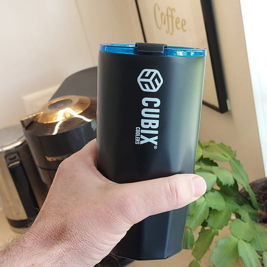 Cubix Outdoors 20oz Steel Insulated Tumbler with Dual - Function Lid - Black w/ Blue Lid - Angler's Pro Tackle & Outdoors