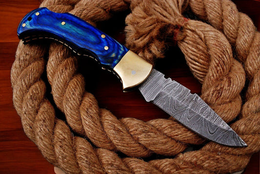Custom Handmade Damascus Pocket Knife – Blue Exotic Wood - Angler's Pro Tackle & Outdoors