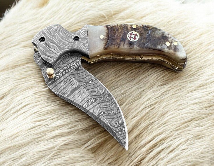 Custom Handmade Damascus Pocket Knife – Sheep Horn Handle - Angler's Pro Tackle & Outdoors