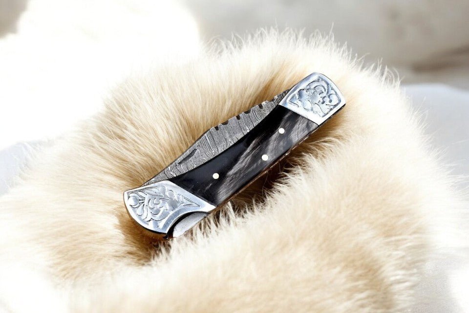 Custom Handmade Damascus Pocket Knife with Buffalo Horn Handle - Angler's Pro Tackle & Outdoors