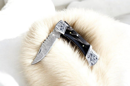 Custom Handmade Damascus Pocket Knife with Buffalo Horn Handle - Angler's Pro Tackle & Outdoors